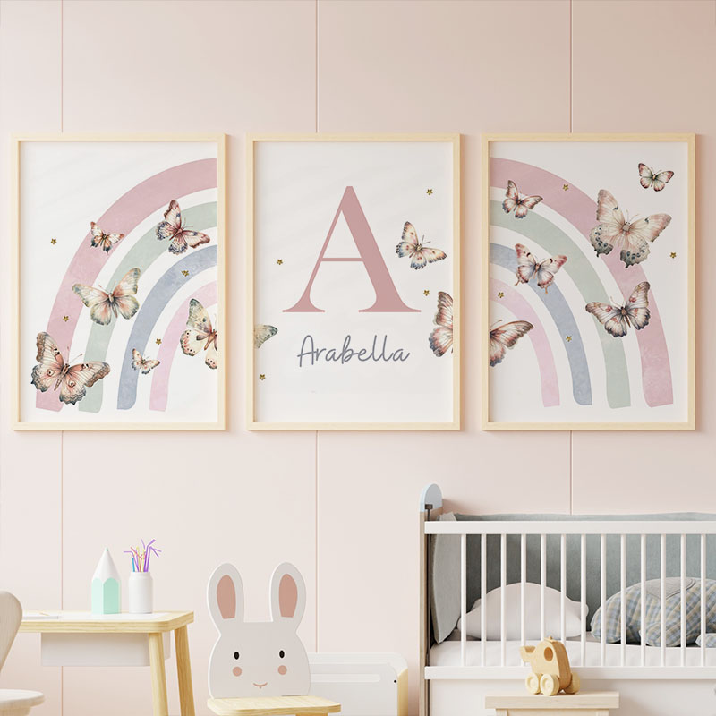 Baby Nursery Decor Girl - Rosa Arcobaleno Farfalla Nome personalizzato del