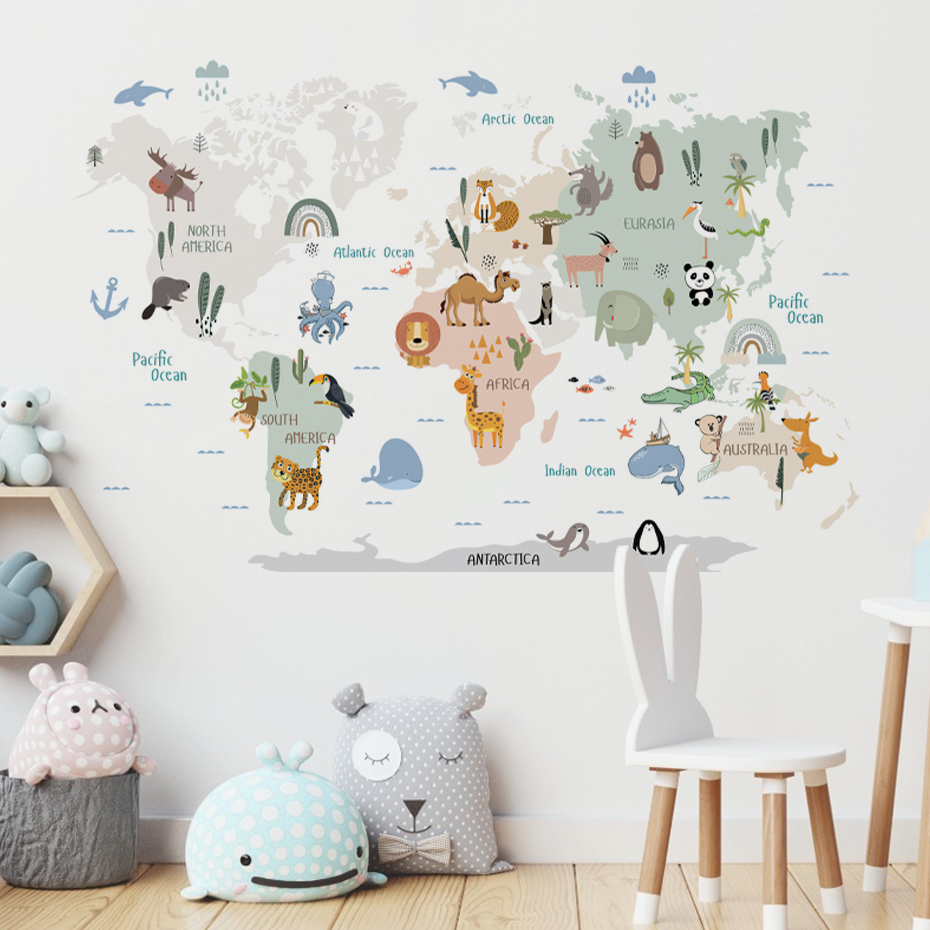 Baby Nursery Decor Girl - Acquerello Cartoon Mappa del mondo Adesivi